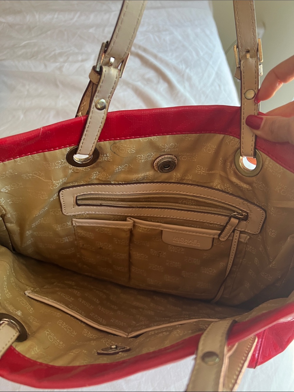 Michael Kors Red Tote with Beige Straps and MK Charm - Picture 5 of 5